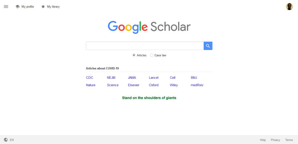 Google Scholar search homepage