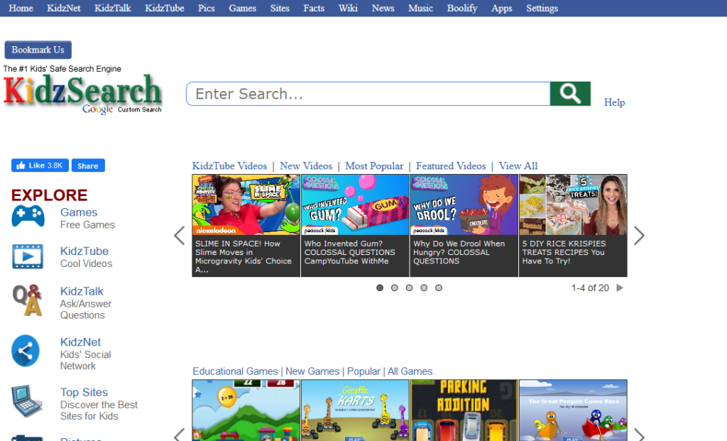 Kidzsearch kids' friendly search engine homepage