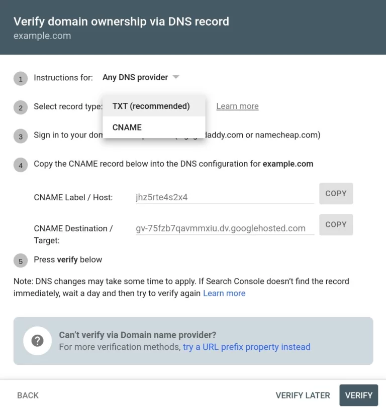 Google Search Console adds CNAME-based DNS Verification